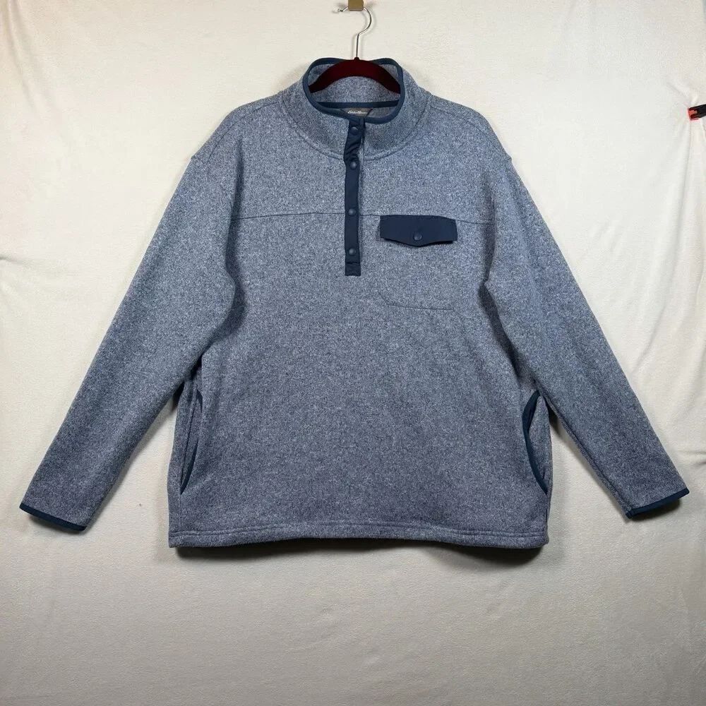 Eddie Bauer Womens XL Heather Blue Snap Pullover Fleece Sweater Pocket